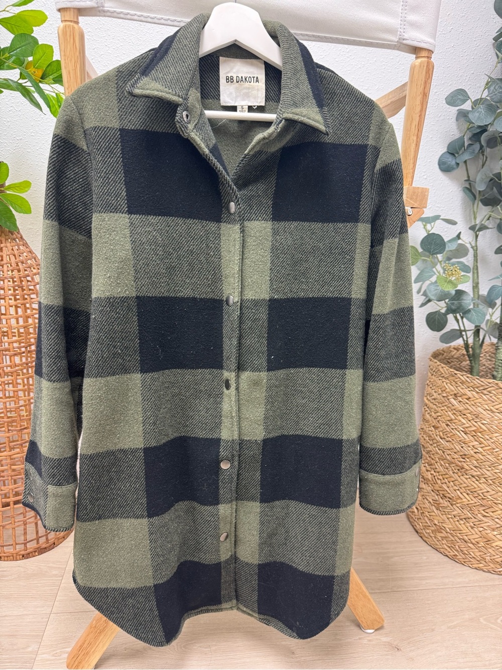 BB Dakota Eldridge Buffalo Plaid Shacket Women’s S Olive Green Black Wool Blend